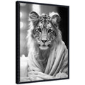 Sylvie Tiger Glam Bathroom Towel Robe Black and White Framed Canvas by The Creative Bunch Studio