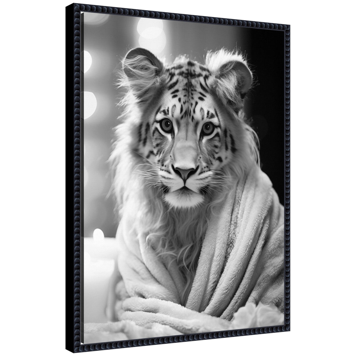 Sylvie Tiger Glam Bathroom Towel Robe Black and White Framed Canvas by The Creative Bunch Studio